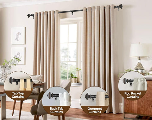 KAMANINA 1 Inch Curtain Rod, 32 to 58 Inches, Black Single Drapery Rods with Square Finials