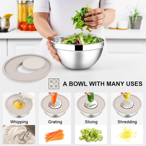 E-far Mixing Bowls with Lids Set, 7-Piece Stainless Steel Mixing Bowls with 3 Grater Attachments, Size 4.6, 3.5, 2.6, 2, 1.5, 1, 0.7QT, Metal Nesting Bowls & Khaki Airtight Lids, For Baking/Cooking by E-far