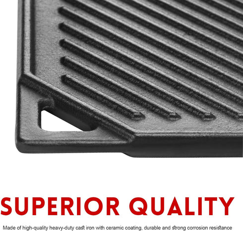 GGC Cast Iron Griddle, Reversible Flat Top Griddle for Gas Grills, Stove Tops, Outdoor Cooking, 16.5 x 9.5 Baking Plate