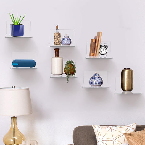 8 Pack 4'' 2 Small Wall Shelf, Acrylic Shelves Display Ledges for Storage & Decoration, Small Floating Shelf for Wall
