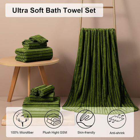 8 Set Sheet-2 Towels,2 Towels,4 Pcs Army Green Cabana Stripe Large Bath Towel Oversized Bath Bath Hand Washcloths Soft