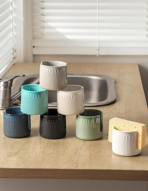 Compact Black Ceramic Sponge Holder for Kitchen Sink - Stylish Dish Rack Organizer