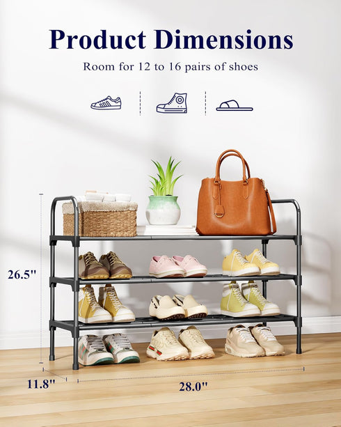 3-Tier Closet, 28.0" 11.8" 25.6", Kitsure Shoe Rack - Space-Saving Shoe Organizer & Shoe Shelf with Handle, Easy