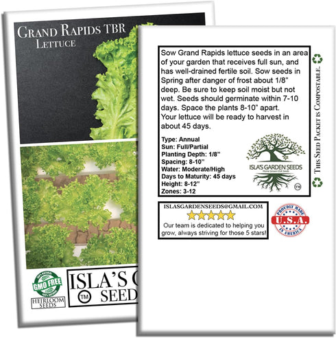 1000+ Grand Rapids TBR Lettuce Seeds (Lactuca Sativa) Non-GMO & Heirloom Seeds by Isla's Garden Seeds, Fast-Growing