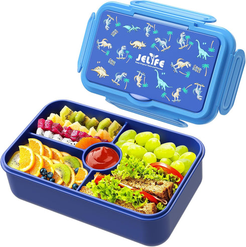Jelife Kids Prints Bento Lunch Box, Leakproof 4 Compartments Toddler Lunchbox Containers with Tableware, Dinosaur