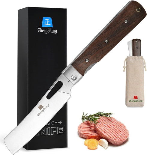 ZhengSheng Folding Chef Knife 4.8" Sharp 440A Stainless Steel Blade, Wooden Handle Pocket Foldable Kitchen Knife
