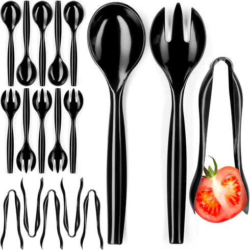Disposable Plastic Serving Utensils, Set of 18 Black Utensils, 6 Each of 6" Tongs, 10” Spoons, 10” Forks.