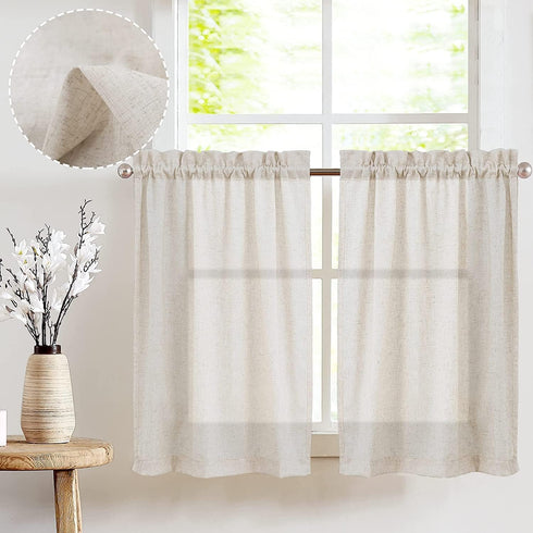jinchan Beige Kitchen Curtains Linen Tier Curtains 24 Inch for Small Window, Farmhouse Cafe Drapes, 2 Panels