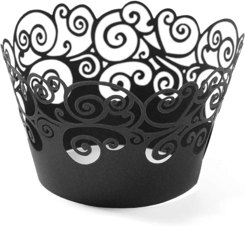 KPOSIYA Cupcake Wrappers, 100 Pack Filigree Artistic Bake Cake Paper Cup, Black, for Wedding Party Birthday
