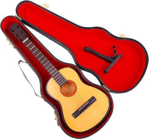 Dselvgvu (7.87"x2.87"x0.94") Wooden Miniature Guitar with Stand and Case Mini Musical Instrument Guitar Replica