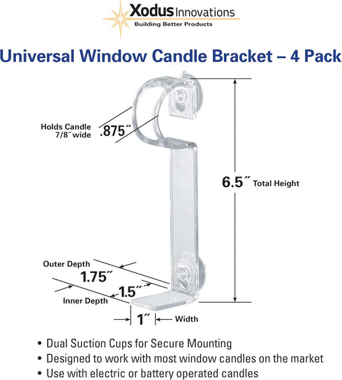 CA120-4 Window Candle Holders: Pack of 4 with 2 Suction Cups and Plastic L-Shaped Safety Bracket for Candles