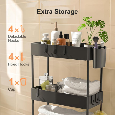 Pipishell Slim Storage Cart with Wheels, Bathroom Organizer for Small Spaces, Rolling Cart for Bathroom, Black