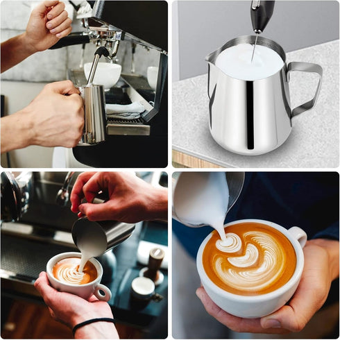 Milk Frothing Pitcher, 12oz Espresso Steaming Pitcher, Stainless Steel Milk Jug Cup with Decorating Pen