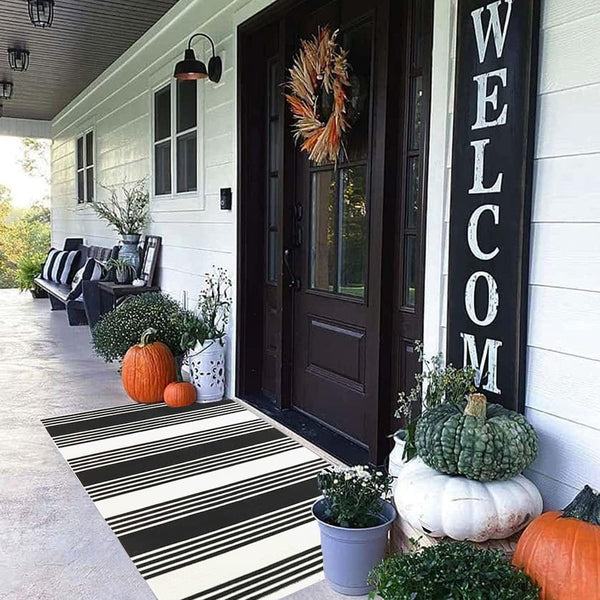 Black and White Striped Outdoor Rug, 27.5 x 43 Inches Hand-Woven Reversible Washable Rug for Porch/Front Door