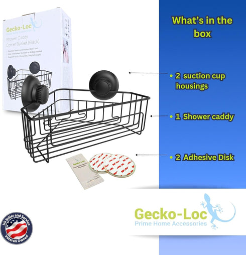 Gecko-Loc Corner Bathroom Shower Caddy shelf organizer suction cup wall storage basket - bath kitchen shampoo