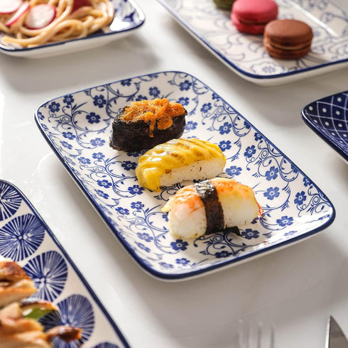 Selamica Ceramic 8 Inch Rectangular Salad Plates, Set of 6, Microwave/Oven/Dishwasher Safe Dinner Plates in Vintage Blue