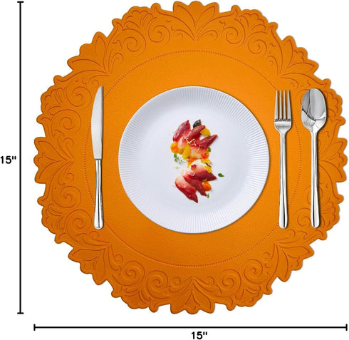Round Placemat for Dining Table, Set of 6, Orange, PU Waterproof Heat Insulation Stain Resistant Non-Slip Washable Mat