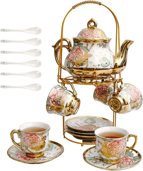 TEASFUSION 20 Pieces European Vintage Ceramic Tea Set with Metal Cup Holder, Adult