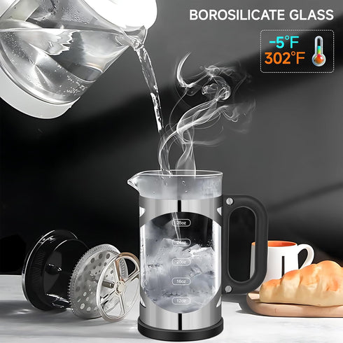34 Ounce French Press Coffee Maker, Chromium Stainless Steel with 4-Level Filter System, Borosilicate Glass