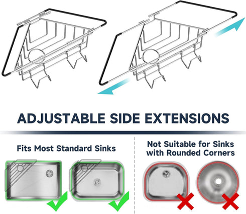 NiHome Extendable Arm Stainless Steel Kitchen Sink Corner Caddy, Easy Install Space-Saving Adjustable Sponge Holder