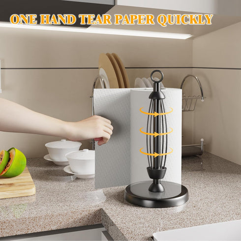 Countertop, Black Paper Towel Holder One-Handed Tear, Stainless Steel, Weighted Base, Ring Paper Towel Holder Stand