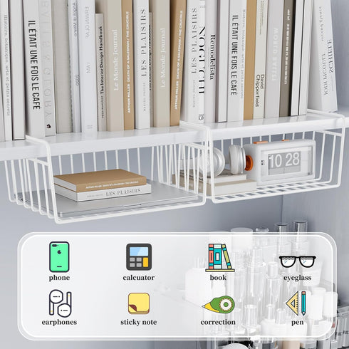SUFAUY Under Shelf Basket Organizer, Slides Under Cabinet Shelf Storage Bin Holds up to 22lbs, 6 PCS (White)