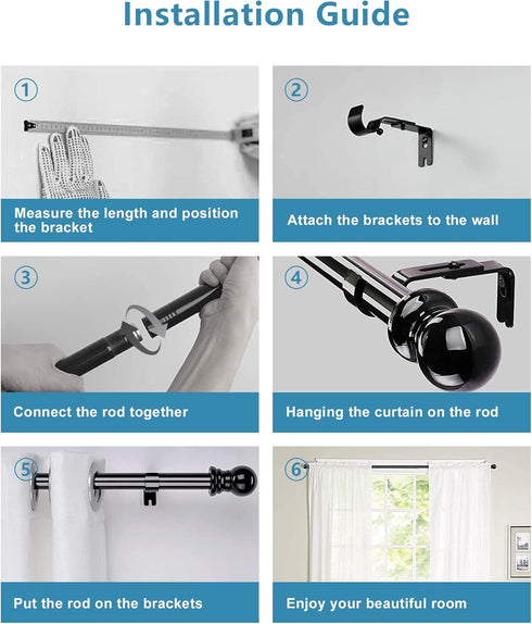 HOSKO Black Curtain Rod Set, 1-Inch Window Curtain Rods for Windows 30-84 Inches with Three Mounting Brackets