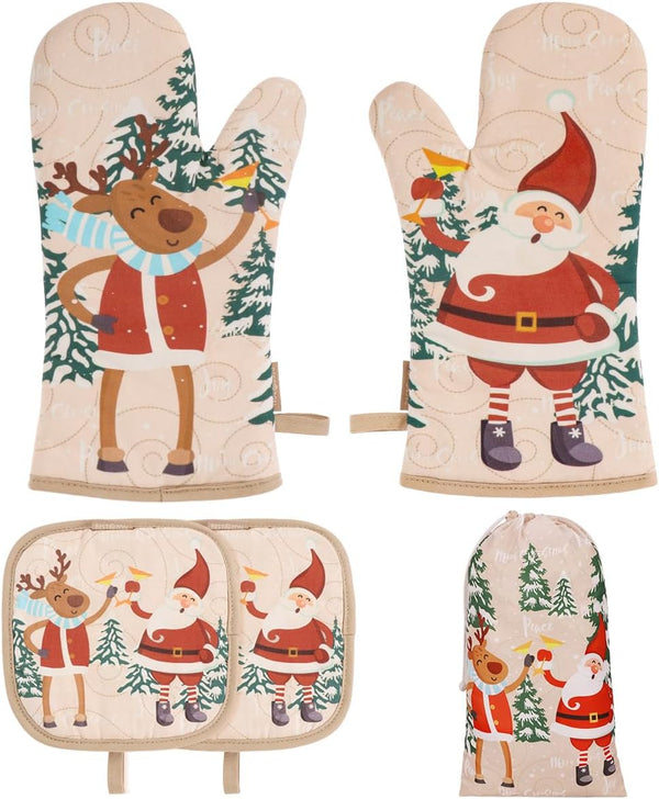 BESTONZON Cute Christmas Oven Mitt Set, Heat Resistant Oven Gloves and Pot Holders for Kitchen Decoration