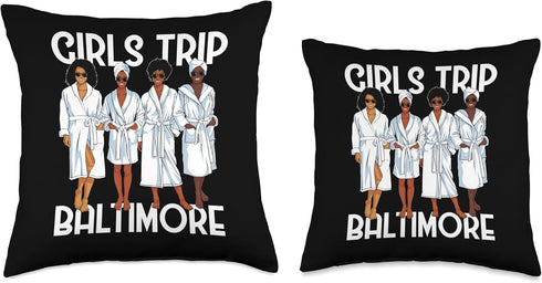 Girls Trip 2024 Baltimore Spa Relax Throw Pillow for Black Melanin Women, 16x16, Multicolor