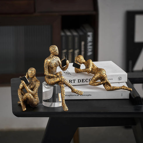 3Pcs FJS Gold Thinker Statues Home Decor Accents, Pulp Reading Women Figurine Decorations for Living Room, Modern