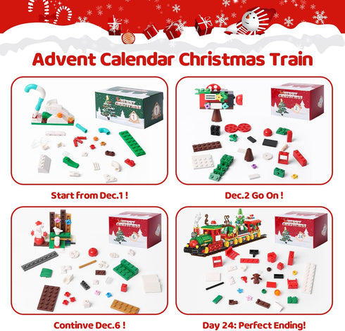 Uhqajd 2026 Set, 24 Countdown 777 Advent Calendar Christmas Train Building Blocks Boxes Christmas with Dual-Sided