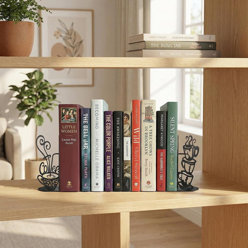 ENCIMART Metal Bookends Creative Coffee Bookends Decorative Cute Kitchen Book Ends for Shelves Bookshelf Home Office