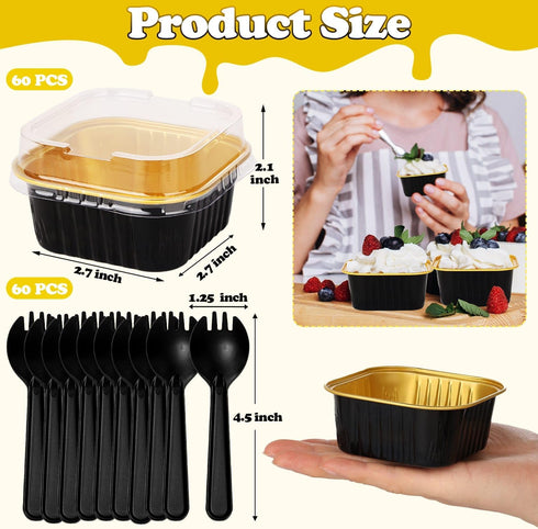 selizo 60 Pack 5oz Mini Disposable Cake Pans with Lids, Aluminum Foil Square Baking Cups, 3.5x3.5 Small Baking Cake Tins Cup Cake Containers with Lids for Individual Cakes, Black by selizo