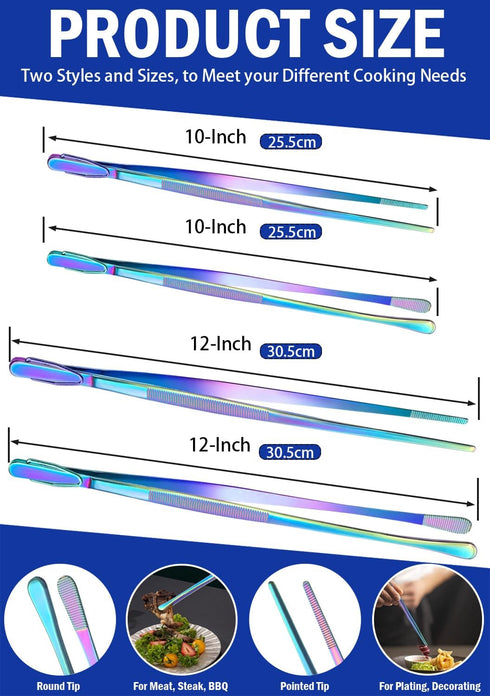 JETKONG 4 Pcs Kitchen Tweezers Set, 12'' and 10'' Stainless Steel Cooking Tweezers for BBQ and Seafood