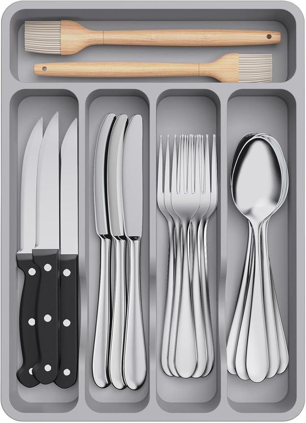 Lifewit Silverware Drawer Organizer Tray, Plastic Cutlery Storage for Kitchen Drawer, 5 Compartment Divider