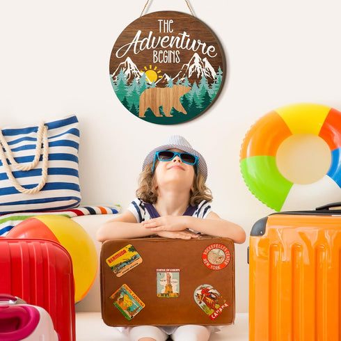 12 12'' Chunful The Adventure Begins Wooden Hanging Sign, x Woodland Nursery Decor, Green Trees Brown Background