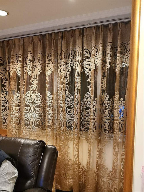 1 Panel Luxury European Sheer Curtain, Grommet Top Floral Embroidery for Living Room, Semi-Shading Voile