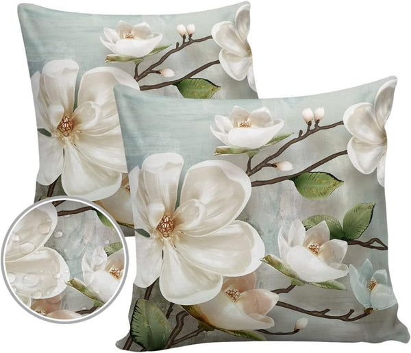 Waterproof Pillow Covers Set of 2 for Couch, Farmhouse White Magnolia Flower Decorative Cushion Cases 18x18In, Indoor