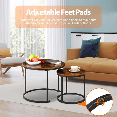 Set 2, 23.6inch ZENY Nesting Coffee Table of Round Coffee Table Wood Grain Top with Sturdy Metal Frame, Industrial End