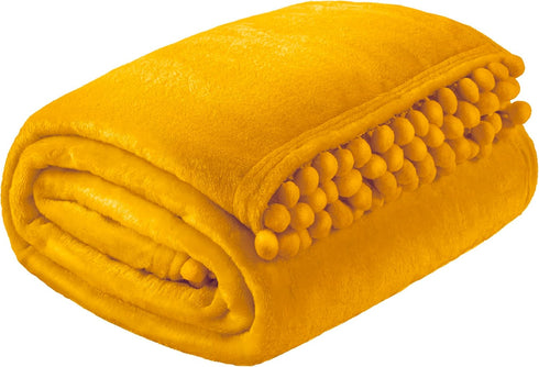 Cozy 50x60 Inches PAVILIA Fleece Throw Blanket for Couch with Pom Pom Fringe, Mustard Yellow, Soft Fuzzy Flannel