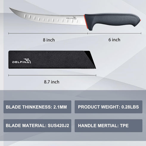 DELFINA Curved Breaking Knife 8 inch with Sheath & SoftGrip Handle, Butcher Knife for Meat Cutting, High Carbon