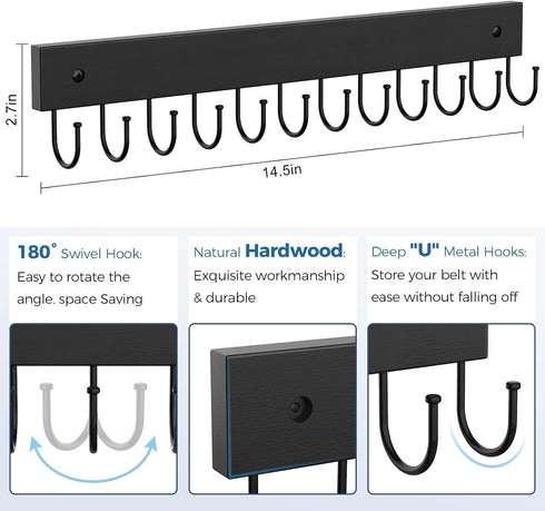 Belt Hanger Wall Mounted, Wooden Organizer for Max 12 Storage Capacity, Black