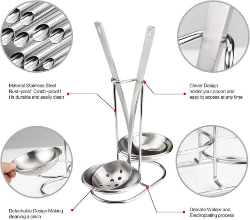 304 Stainless Steel Double Ladles Holder - Vertical Spoon Rest Cooking Utensils Stand with 4 Inch Bowls