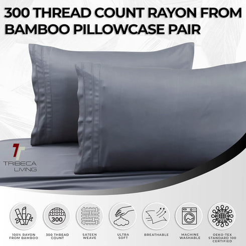 Tribeca Living BAMB300PCSTST 300 TC Rayon from Bamboo Pillow Pair, Standard, Pack of 2, Steel Grey