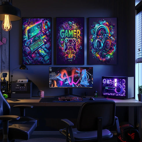 Yolbcdr Gaming Posters - Video Game Wall Art Set of 3, Cool Gaming Sign Pictures for Boys Bedroom Decor