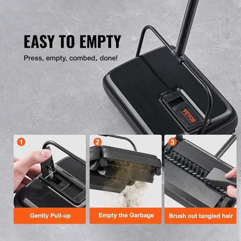 VEVOR Carpet Sweeper Manual, Floor Sweeper with 300 ml Dustbin Capacity, Easy to Empty for Home Office Carpets, Black