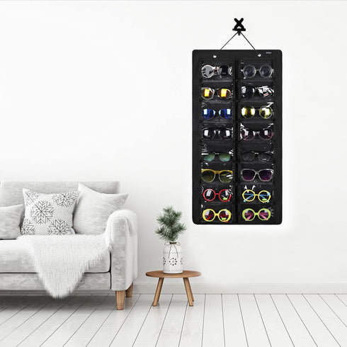 AROUY Sunglasses Organizer with 16 Felt Slots, Dust Proof Wall Pocket Glasses Holder, Black, Sturdy Rope and Metal Hook