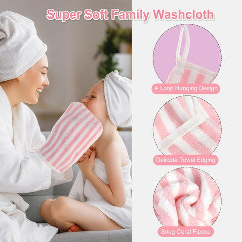 PHOGARY 6 5"x8" Striped Bath Mitts Washcloths, Small Hand Towels with Hanging Loop, Super Absorbent Soft Coral Fleece