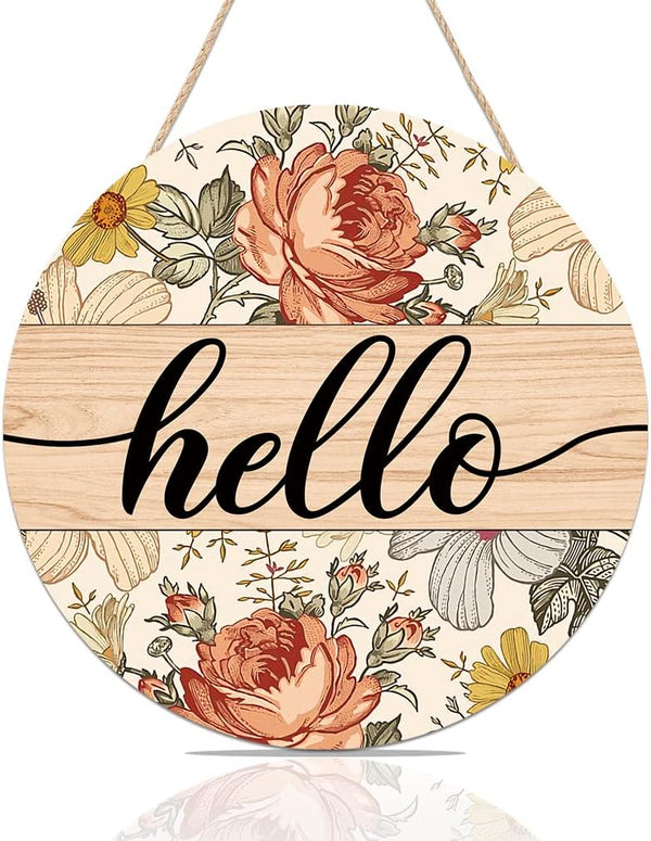 FWIEXA Vintage Hello Sign - Boho Floral Welcome Wooden Hanging Door Decor for Holidays and Festive