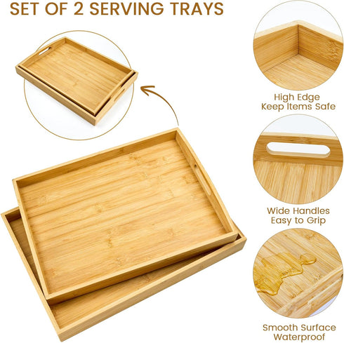 Set 2 17x13in, 16x12in GOLD HONEY Bamboo Serving Tray with Handles of - Decorative Wooden Tray for Living Room